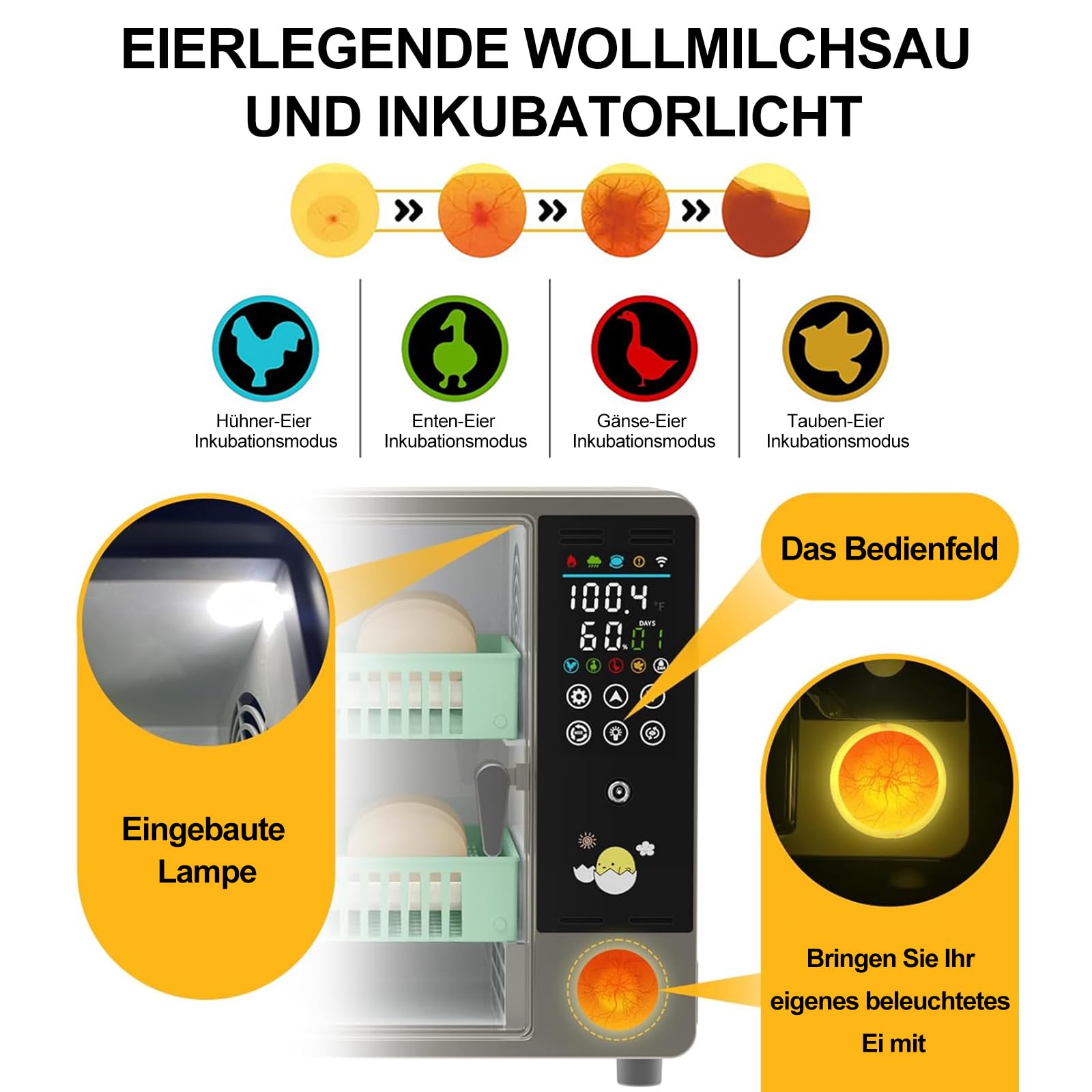 Brutautomat Vollautomatisch, 24 Eier Brutapparat, mit automatischer Eierwendung und automatischer Befeuchtung, Temperaturkontrolle, LED-Touchscreen, doppelte Stromversorgung, für Bruthühner, Wachteln