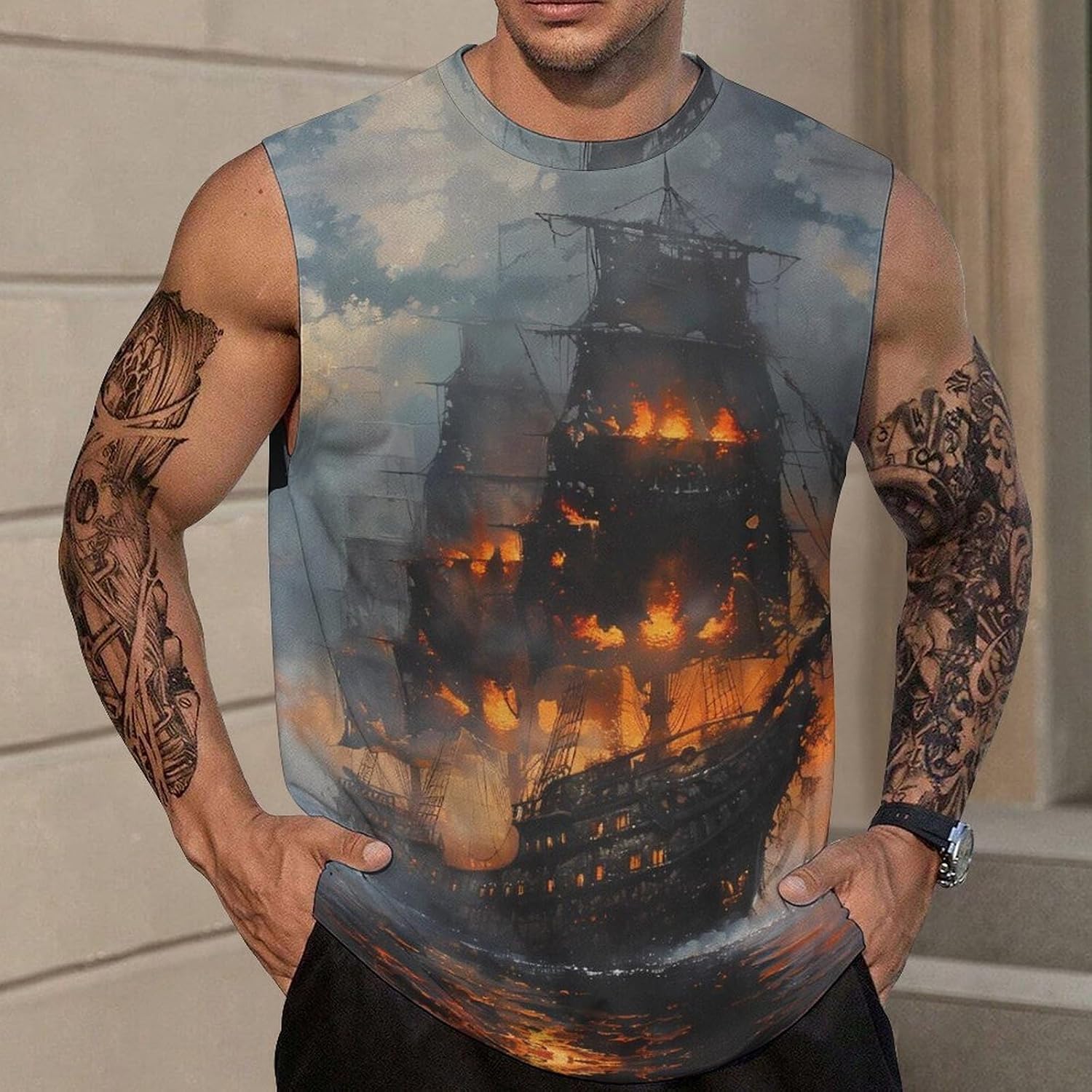 Burning Pirate Ship Men Summer Sleeveless Crew Neck Top 5XL