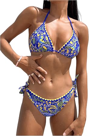 COZYEASE Womens Bikini Sets 2 Piece Halter Triangle Allover Print Swimsuit Set Boho Knot Side Bathing Suit Set