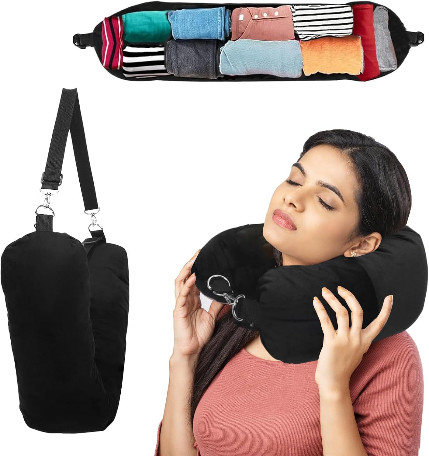 Wbgraceful Stuffable Travel Pillow, Packable Pillow with Up to 3 Days Clothes, Ostrich Neck Pillow for Travel Travel Neck Pillow by Airplane or Car, Essential Travel Accessory (Black)