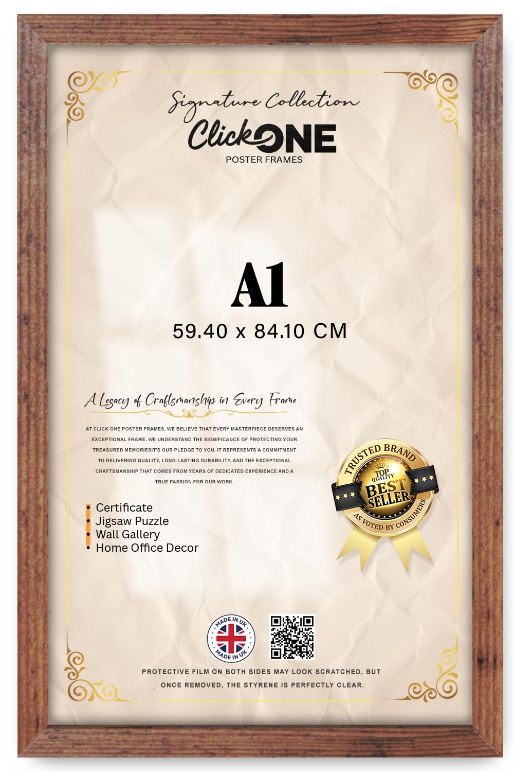 Click One | Flat Frame A1 (59.40 X 84.10 CM) Poster Frame — Engineered Wood With HD Perspex | Horizontal And Vertical Formats For Wall Gallery And Living Room Decor (33 X 23 Inch Rustic)