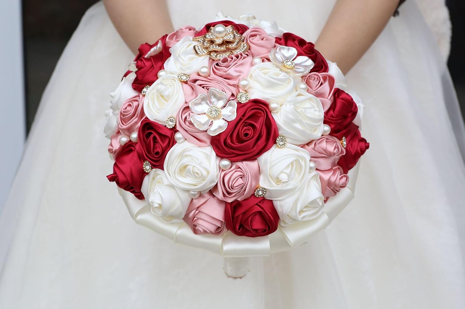 Handmade Round Satin Rose Artificial Flower Bunch with Pearls and Rhinestones for Wedding Bouquet Toss Design in Red Pink Ivory 8.7 Inch