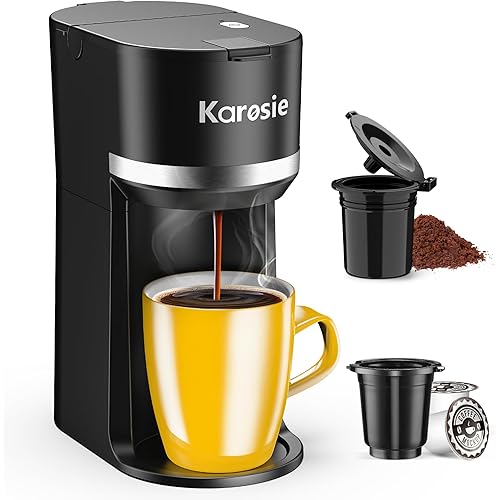 Single Serve Coffee Maker for K-Cup and Ground Coffee, Fast Brew, 6-12 oz Brew Sizes One Cup Coffee Machine Fits 5.5" Mugs, One-Button Small Coffee Maker with Descaling Reminder,Black