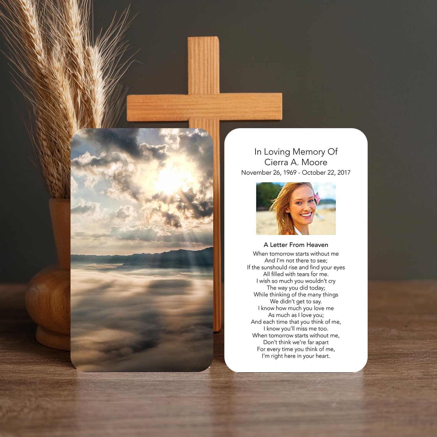 Funeral Poster & Memorial Cards Combo With Personalized Photo & Prayer 100 Cards Size - 2.5"x4.25" Poster Size 24x36 Inch Foam Board Sunrise Design|Celebration Of Life Decorations, Funeral Welcome Sign