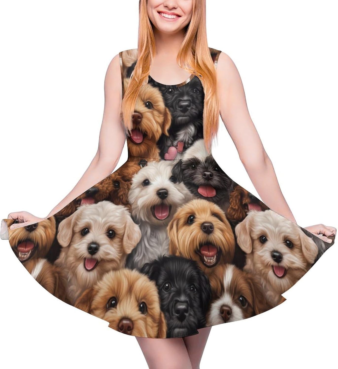 Cute Dog Puppy Print Women's Dresses Round Neck Dress Sleeveless Tank Dress Ruffle Hem Sundress