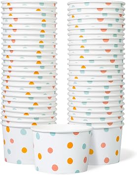 MATICAN Paper Ice Cream Cups - 50-Count 9-Oz Disposable Dessert Bowls for Hot or Cold Food, 9-Ounce Party Supplies Treat Cups for Sundae, Frozen Yogurt, Soup, Pastel Polka Dots