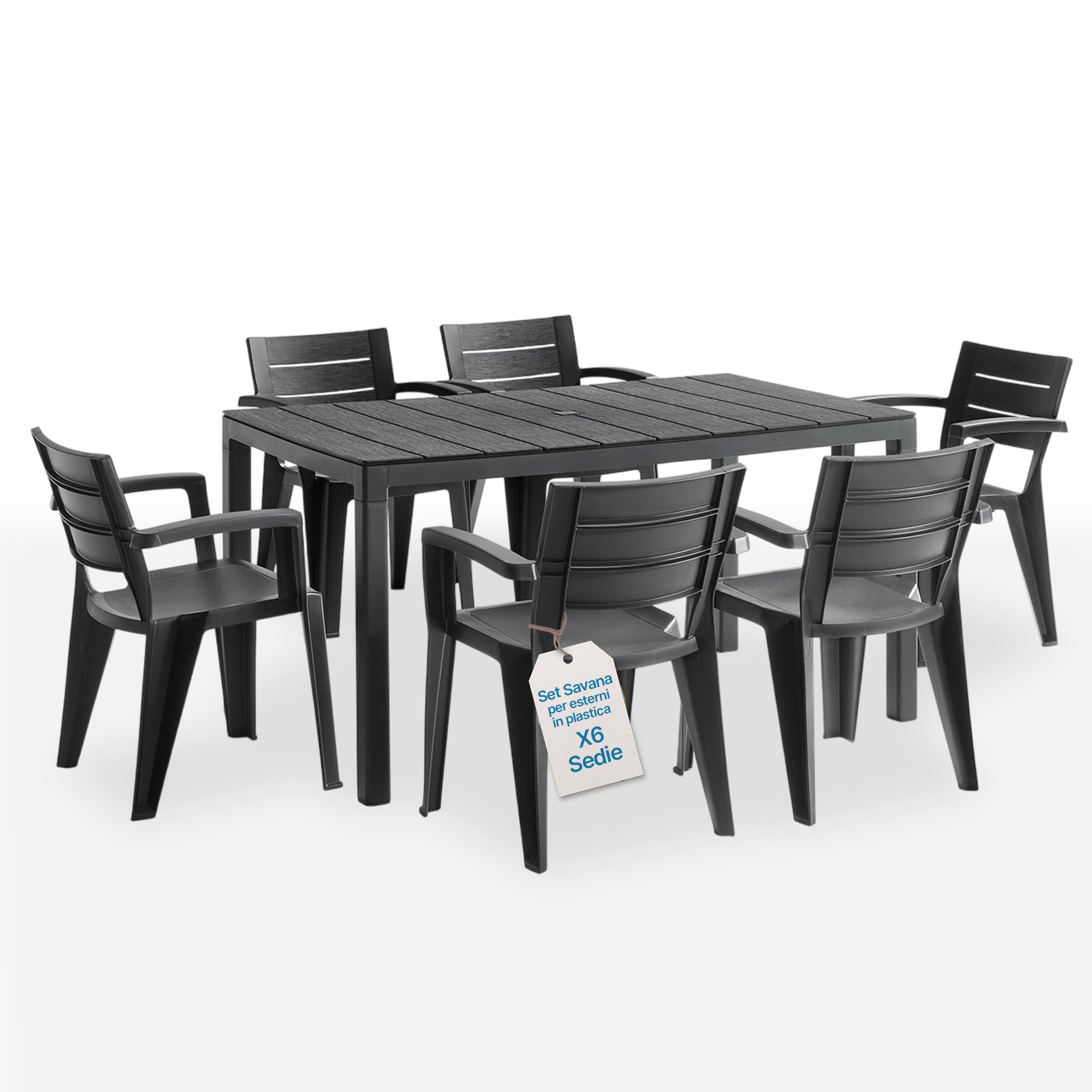 Tomaino Set Savana Tavolo da Giardino con 6 Sedie in Plastica Allungabile Nero