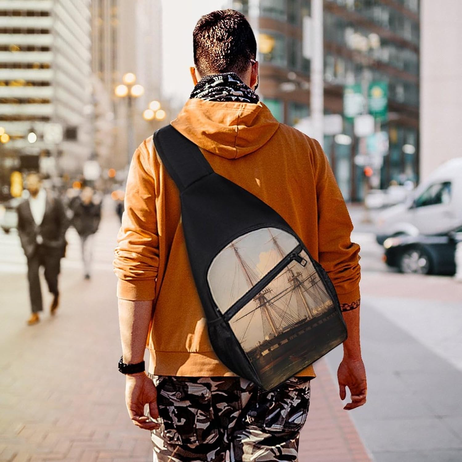 Vintage Ship Ferry Port Crossbody Sling Backpack Chest Bag Daypack | unisex,trendy,with convertible and detachable shoulder strap,side pockets