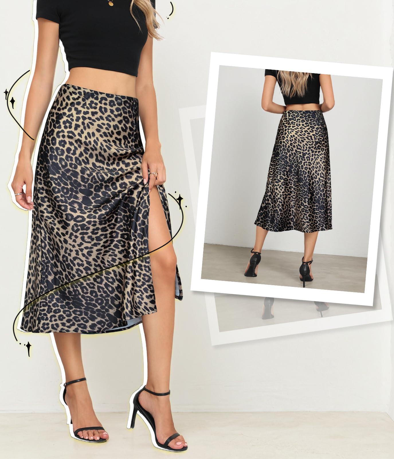 Women's Side Slit A Line Satin Midi Skirt Elastic High Waisted Cheetah Leopard Print Silk Long Skirts for Women