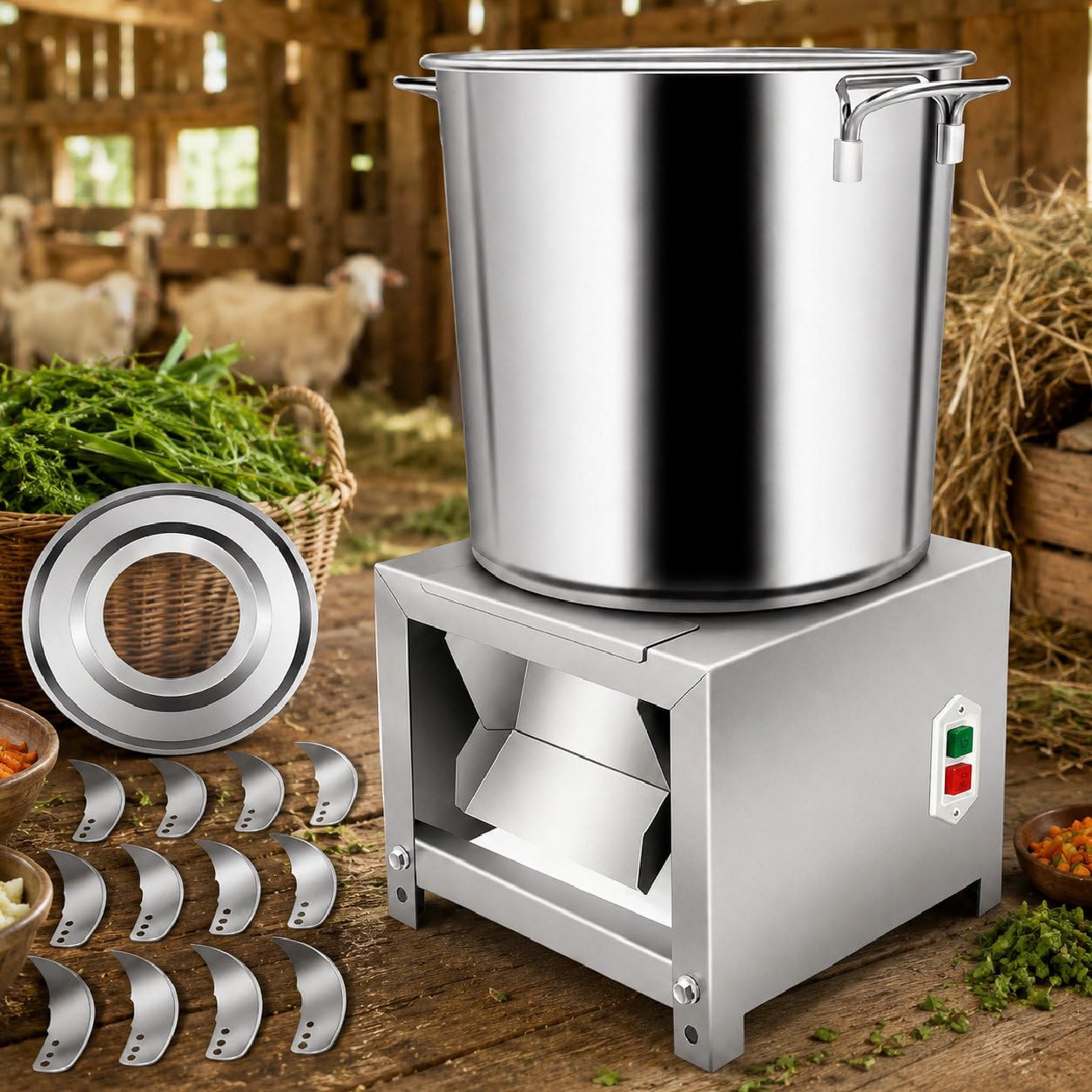 Sushangmao Electric Vegetable Chopper For Poultry Feed, Commercial Food Processor, 3500rpm Stainless Steel Drum, 12 Blades, Adjustable Outlet For Chicken Duck Pig 1800w