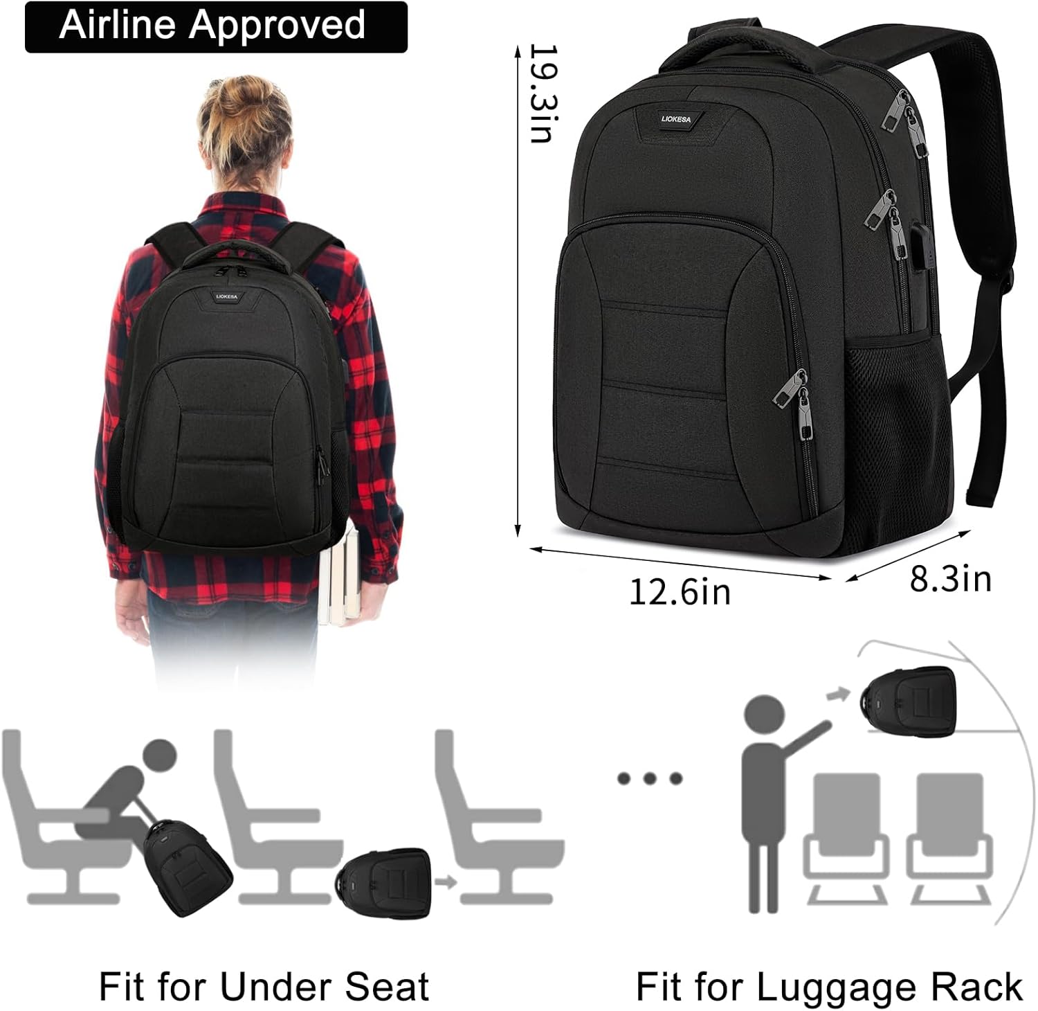 Laptop Backpack for Men Women, Large School Backpacks for Boys Girls with USB Charging Port, 17.3 Inch Water Resistant College Students Bookbags, Black