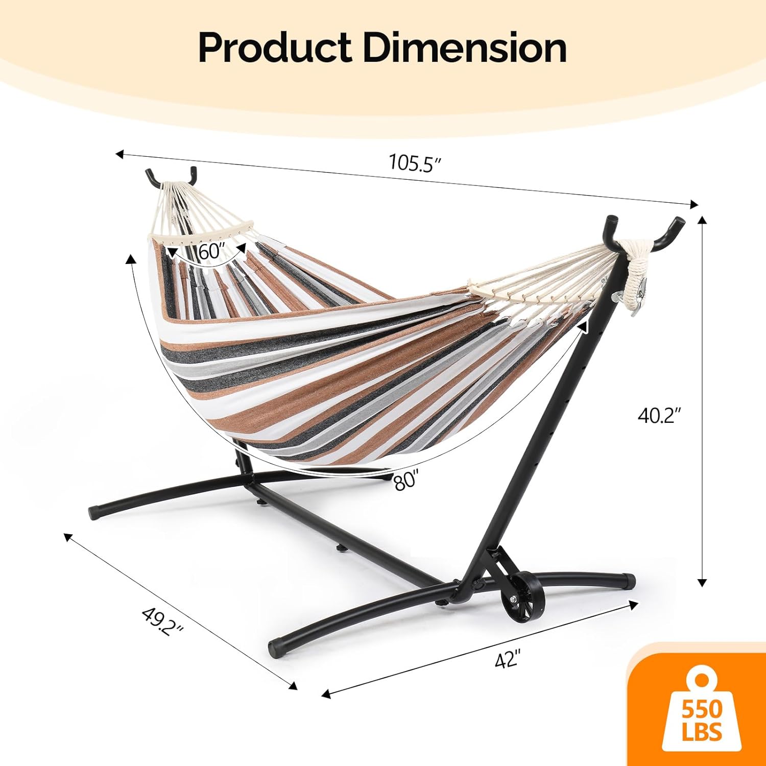 ONCLOUD Double Hammock with Spreader Bar & Heavy-Duty 9ft Steel Wheel Stand, Brazilian Hammock Set, Portable Hammock with Stand for Outside, Backyard, Camping, Includes Carry Bag, 550lb, Desert Strip