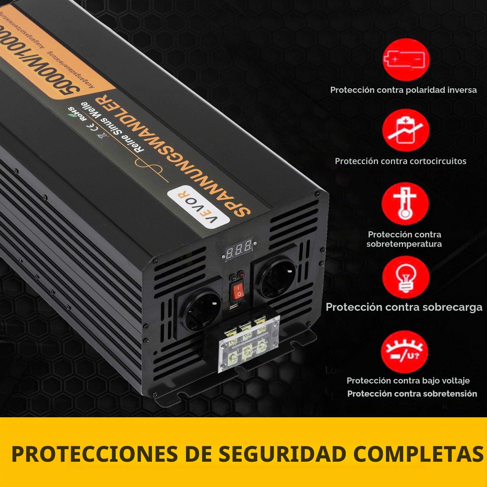 VEVOR Inversor de Onda sinusoidal Pura, 5000W 10000W, convertidor de Voltaje DC 24V a 230V AC LCD USB Ventilador de enfriamiento de Alta Velocidad de Aluminio con Control Remoto por Cable