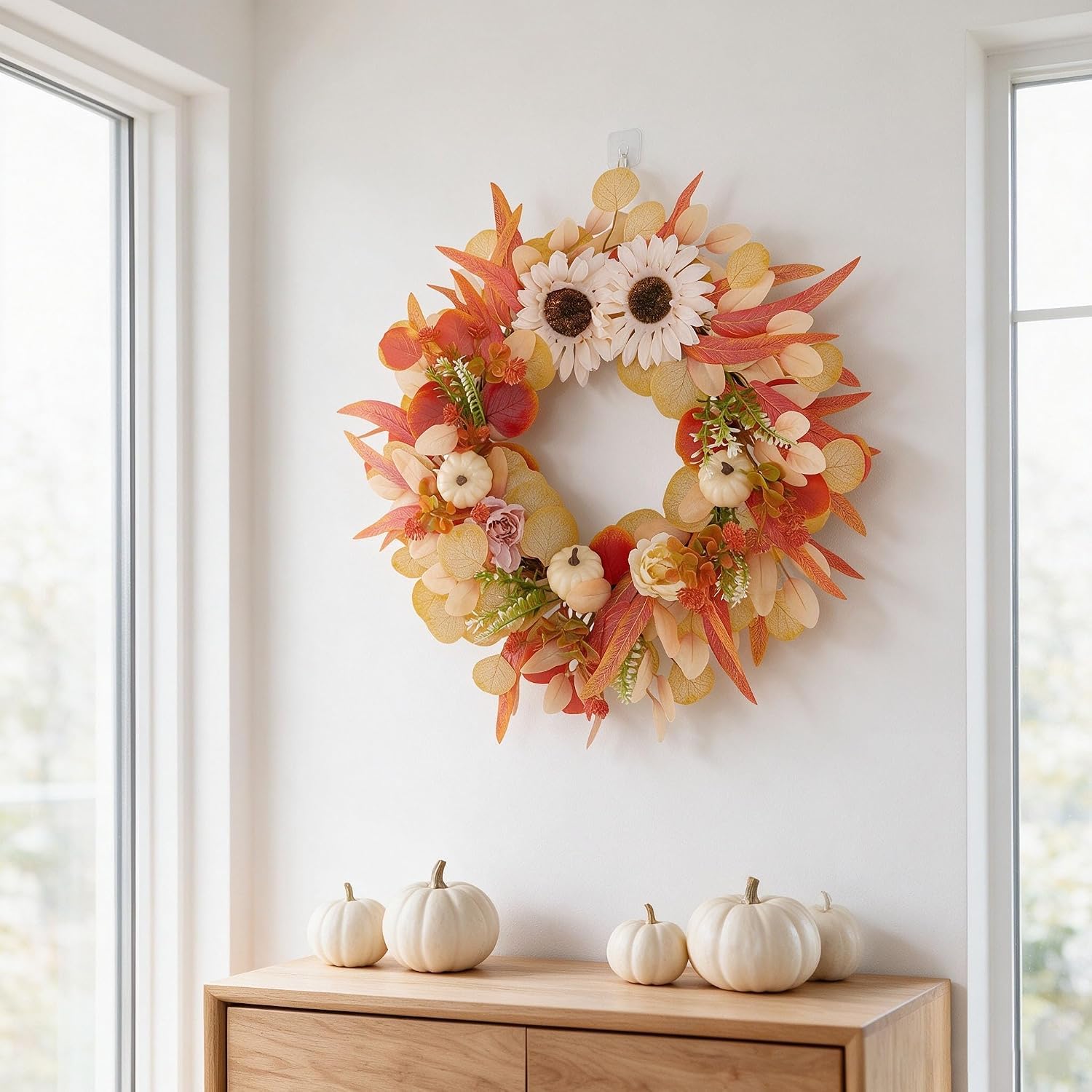 Chrox One Color 19.6" Fall Wreaths Front Door,With Sunflower Pumpkin Maple Eucalyptus
