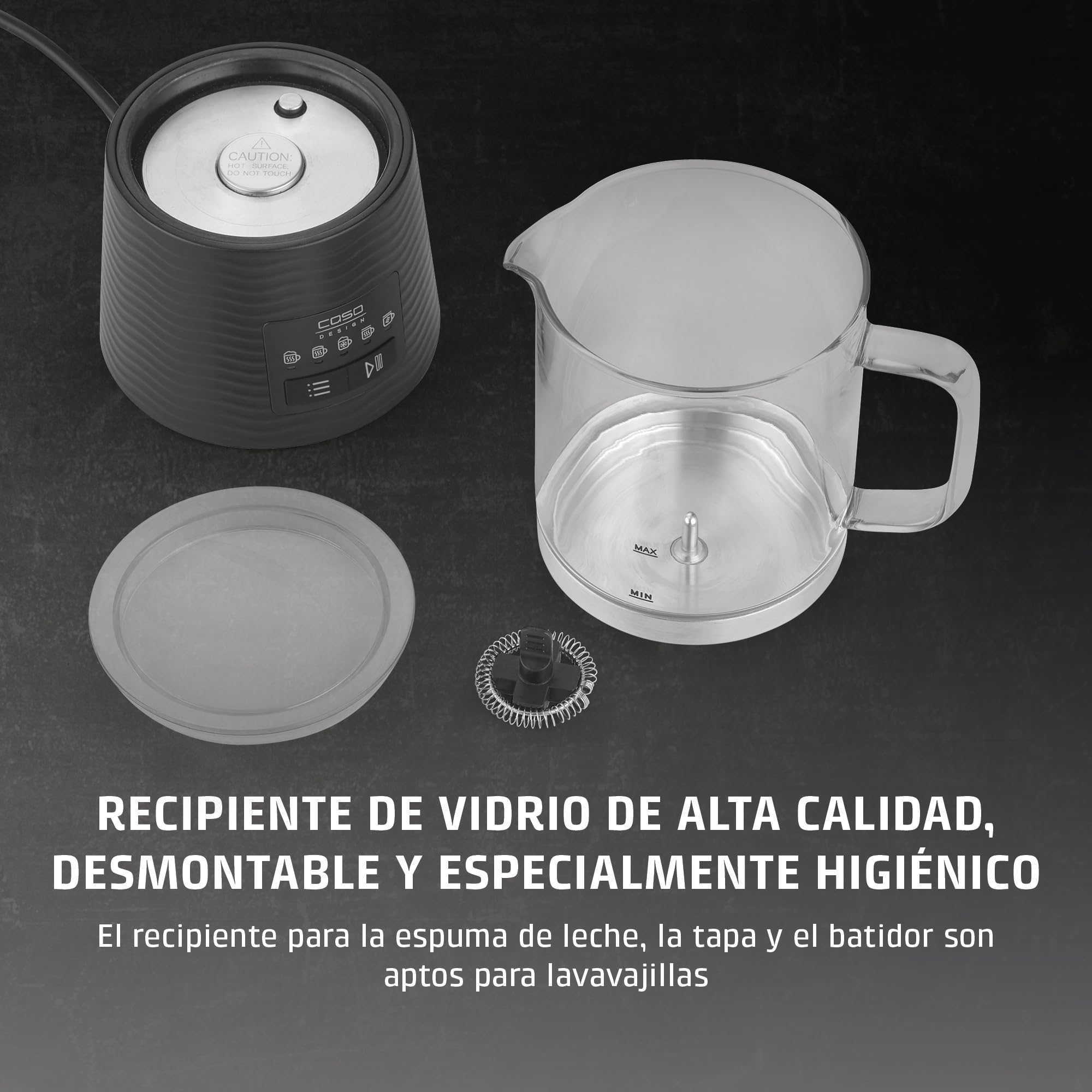 CASO CappuLatte - Espumador de leche eléctrico, espuma cremosa, espumador de leche caliente y frío, cacao, chocolate caliente, recipiente de vidrio extraíble, apto para lavavajillas, 5 funciones
