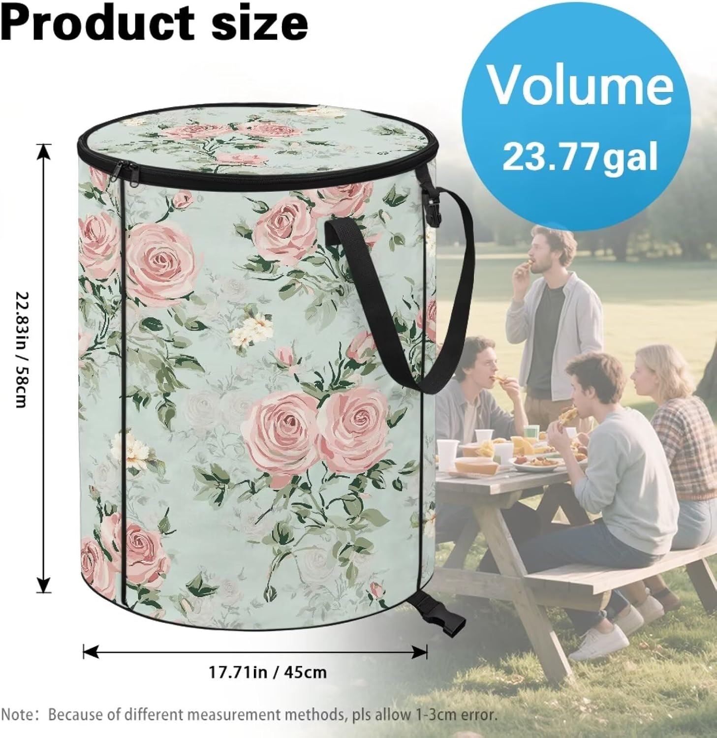 ZOUTAIRONG Floral Collapsible Trash Can Washable Garbage Bag with Lid and Handle Portable Garden Trash Bin for Collecting Party and Yard Waste, Pink Roses Print