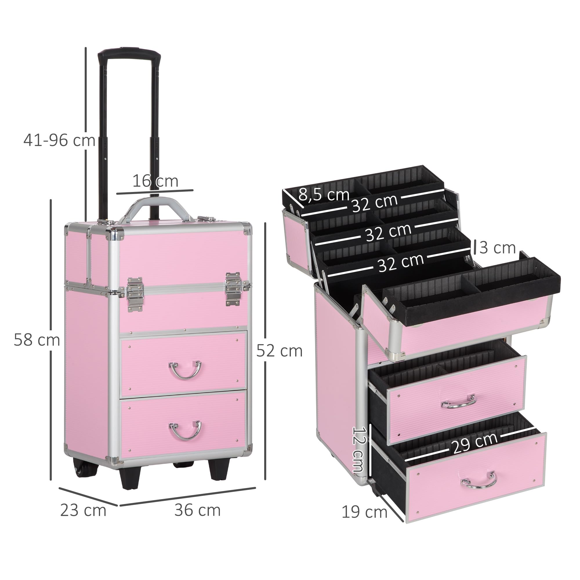 HOMCOM Walizka na wózek do makijażu kosmetyczka Vanity regulowany uchwyt teleskopowy alu. ABS, Różowy, 36x23x58cm, Walizka na kółkach do makijażu