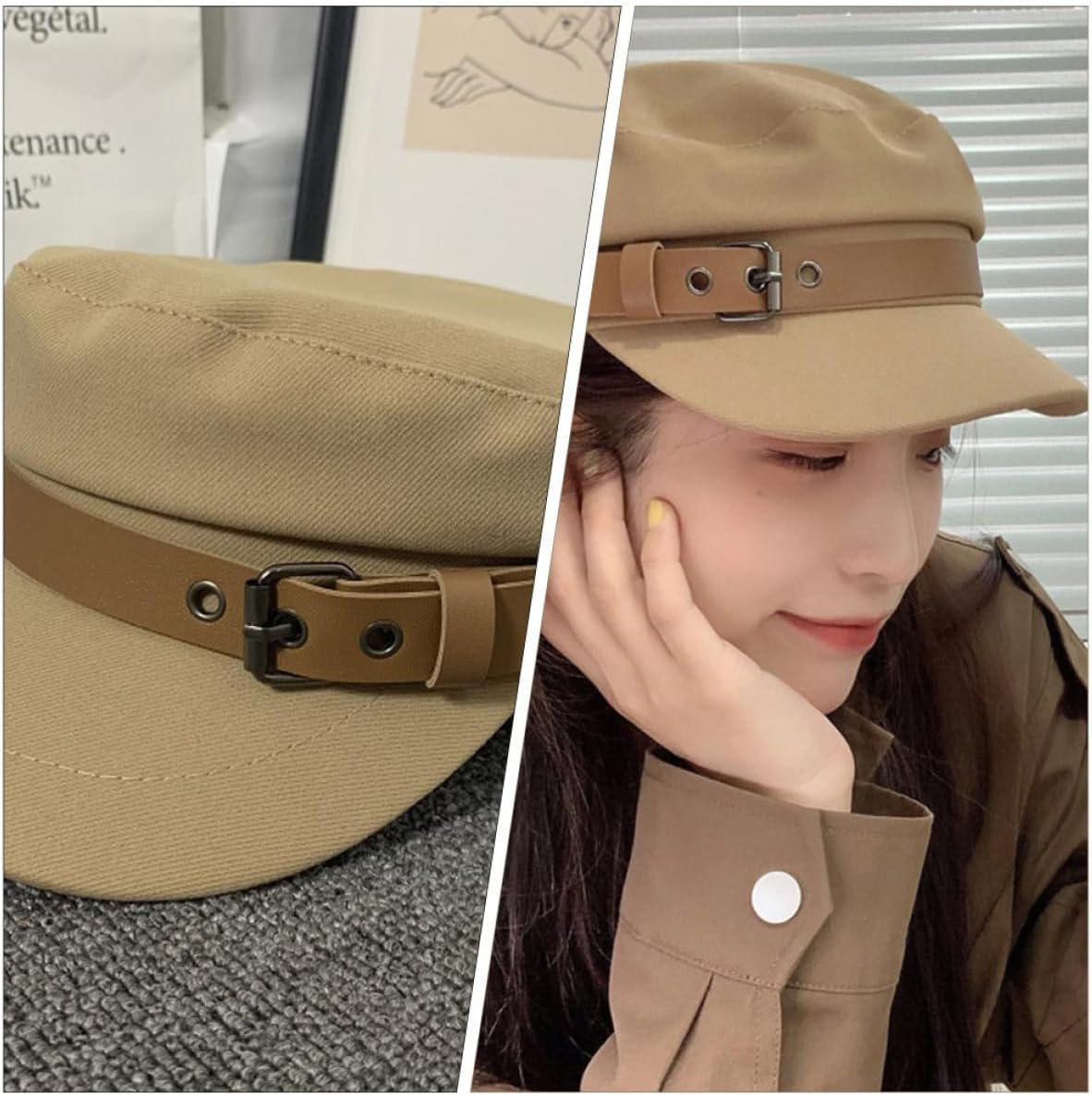 DOITOOL Peaked Cap Leather Buckle Beret Adjustable Size M (56-58cm) Women’s Casual All-Match Hat for Outdoor Streetwear, Khaki Random Color