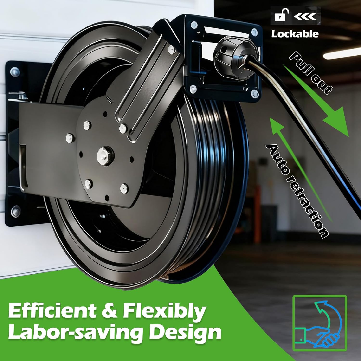 Air Hose Reel Retractable Industrial 3/8" x 50' PVC Air Hose, Auto Rewind Air Tool Hose Reel, 300PSI Heavy Duty Steel Reel (BLACK)