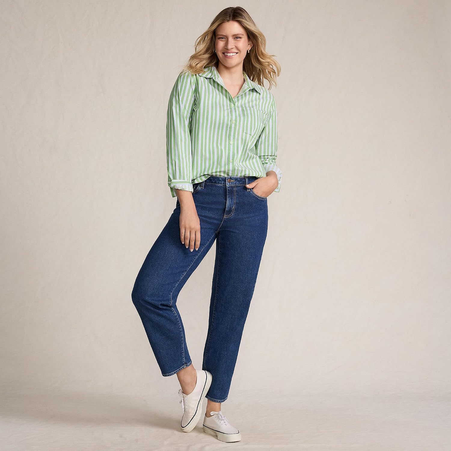 Lands' End Women's Soft Denim Mid Rise Relaxed Straight Crop Jeans