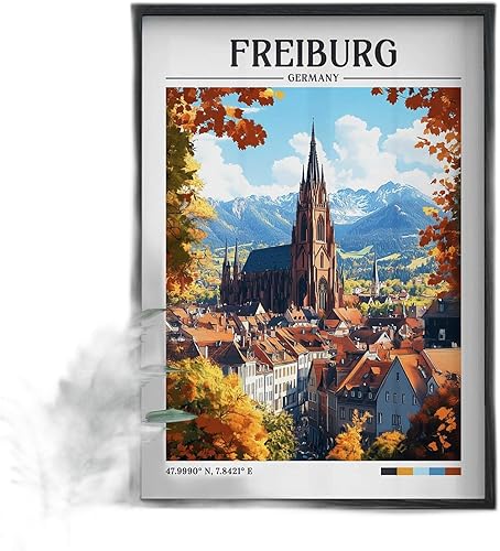 Miniatura 1 de Freiburg Germany retro travel print featuring Freiburg Cathedral in autumn colors illustration framed wall art canvas poster