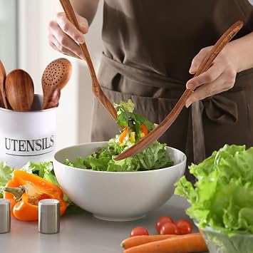 6-Piece Natural Teak Wood Cooking Utensil Set for Nonstick Cookware Spatula, Turner, Skimmer, Salad Fork and Serving Spoons