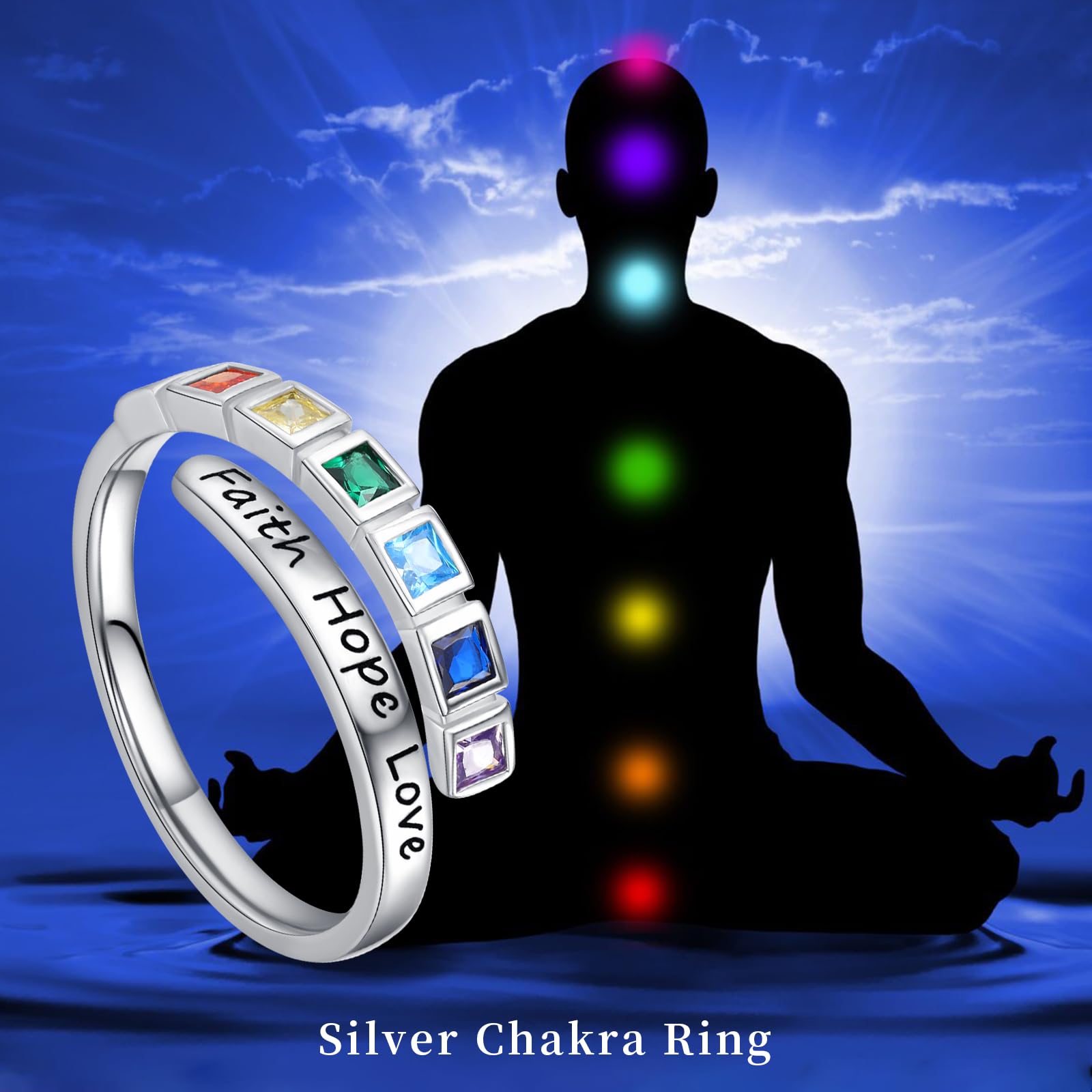Bague en argent sterling 925 réglable avec chakra - Bijou de yoga - Cadeau de guérison pour femme et fille