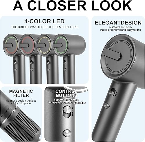 Miniatura 7 de Secador de pelo de alta velocidad iónico de bajo ruido con motor sin escobillas para un secado rápido, control inteligente de temperatura, ligero,