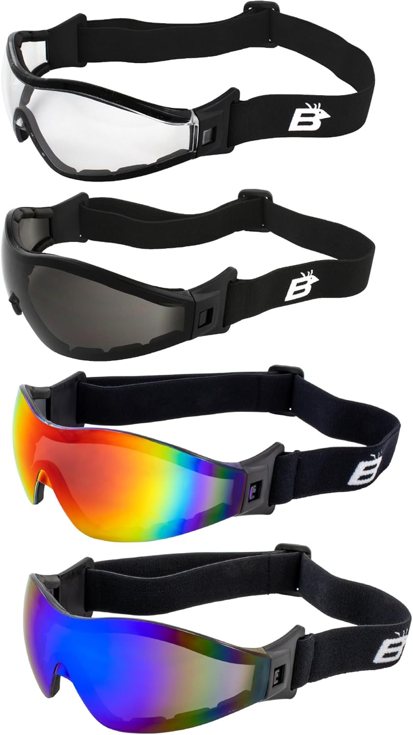 Birdz Eyewear 4 Pairs Boogie Foam Padded Motorcycle Ski Skydiving Black frames with Clear, Smoke, Red Mirror, Blue Mirror lenses