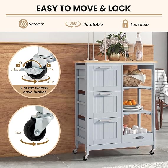 Kitchen Island with Storage, Kitchen Trolley on Wheels (Grey)