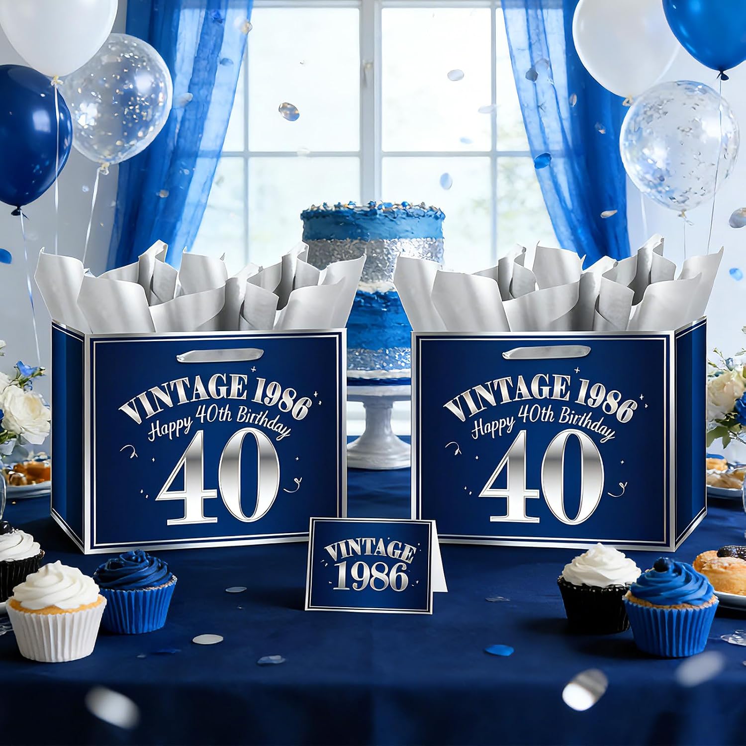 Large 40th Birthday Gift Bag Vintage 1986 Large Navy Blue Silver Wrapping Set With Tissue Paper and Greeting Card for Men Women Dad Mom Happy 40 Years Old Bday Anniversary Party Supplies Decor Present image 3