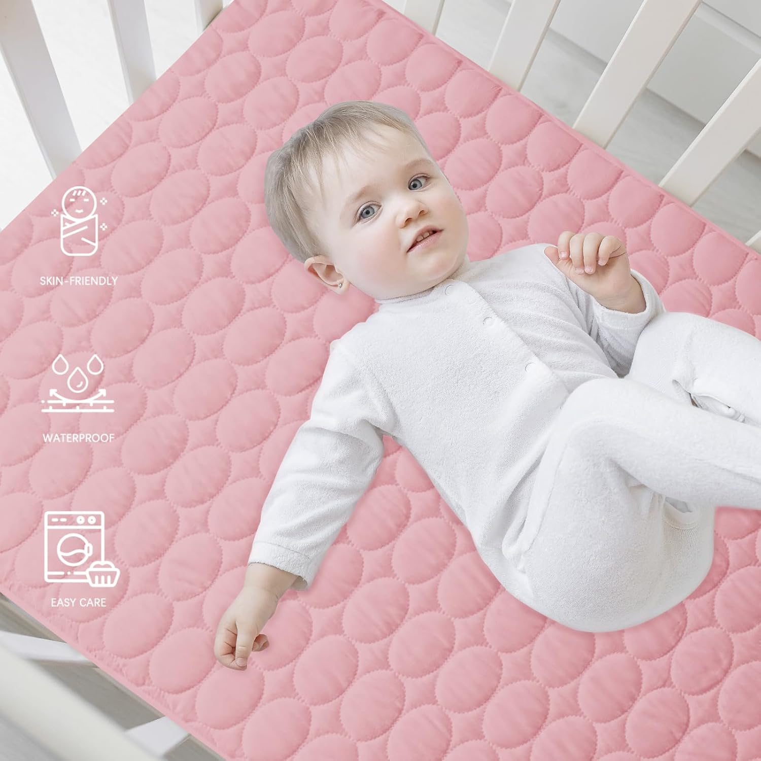 Crib Mattress Protector Sheets Waterproof 2 Pack, Quilted Crib Mattress Pad Cover Fitted Fits for Baby Toddler Bed Mattress, Grey & Pink, 52” x 28”