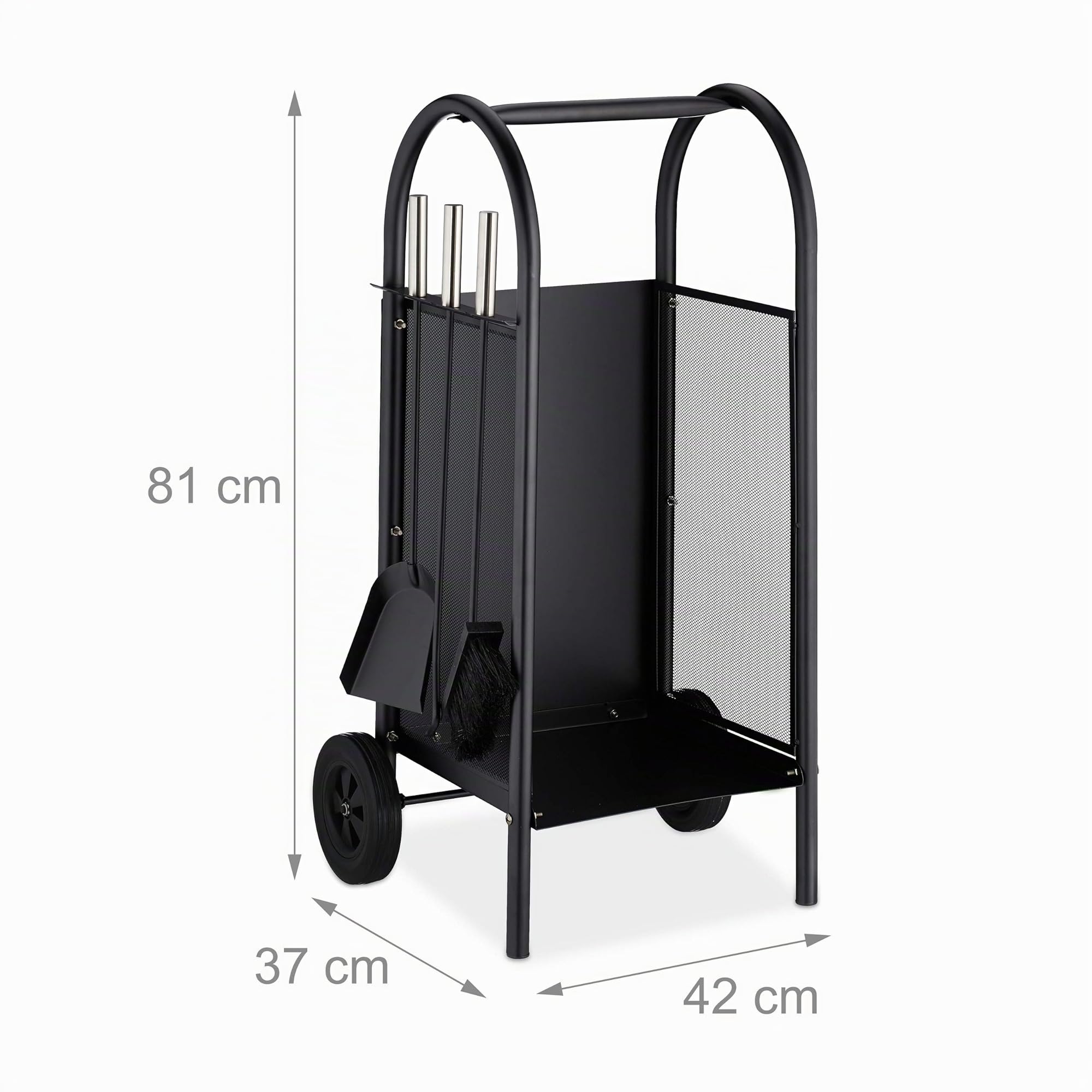 Relaxdays Carrello Portalegna con 3 Accessori, Mobiletto in Acciaio, da Camino, Paletta, Scopino & Attizzatoio, Nero