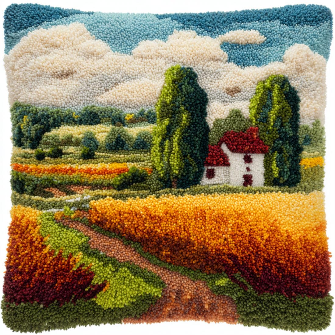 Kitquiver Latch Hook Cushion Kits Pastoral Scenery Cushion Pillow Front Chunky Cross Stitch Kits DIY Embroidery Needlepoint Kit for Home Décor 17x17In