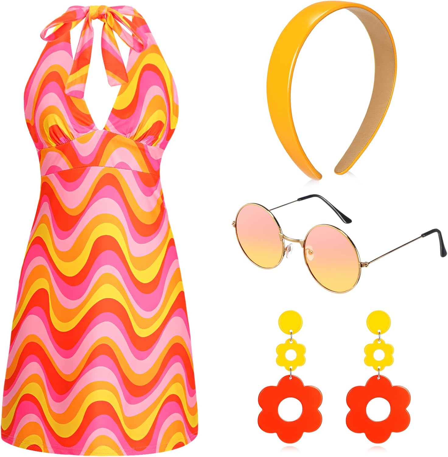 SATINIOR 4 Pcs 60s 70s Women's Hippie Costume Retro Disco Outfit Groovy Earring Headband Dress Sunglasses for Halloween Party