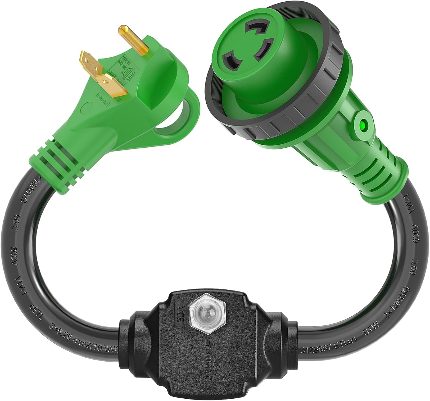 RVGUARD Overload Protector 30 Amp RV Circuit Breaker with Locking Connector, NEMA TT-30P to NEMA L5-30R Cord with LED Power Indicator, 18 Inch, Green, ETL Listed