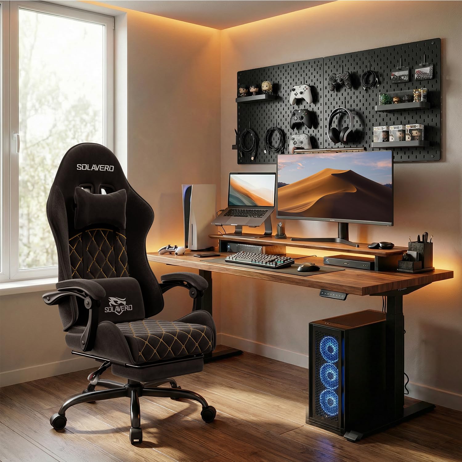 HLONONE Gaming Stuhl Stoff, Massage Gaming Chair, Atmungsaktiver Wildlederimitat Gamer Stuhl, So Weich Wie Pelz, Ergonomischer Bürostuhl mit Fußstütze, Kopfstütze und Lendenkissen, PC Stuhls Schwarz