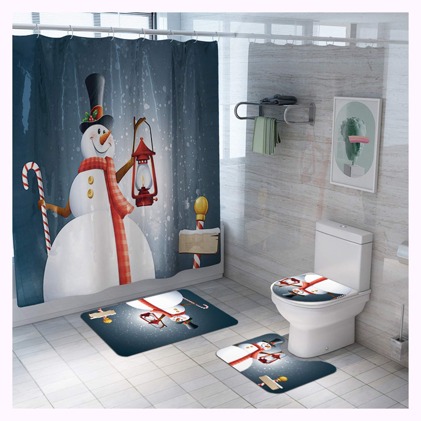 Rideau de douche de Noël bonhomme de neige et tapis assortis pour décorer la salle de bain