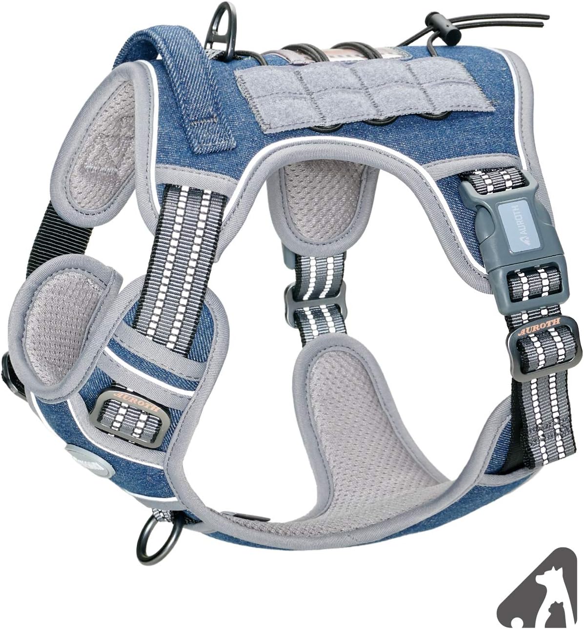 Auroth Tactical Dog Harness for Small Medium Large Dogs No Pull Adjustable Pet Harness Reflective K9 Working Training Easy Control Pet Vest Military Service Dog Harnesses (S, Denim Blue) S(Neck:14-21",Chest:20-31") Denim Blue