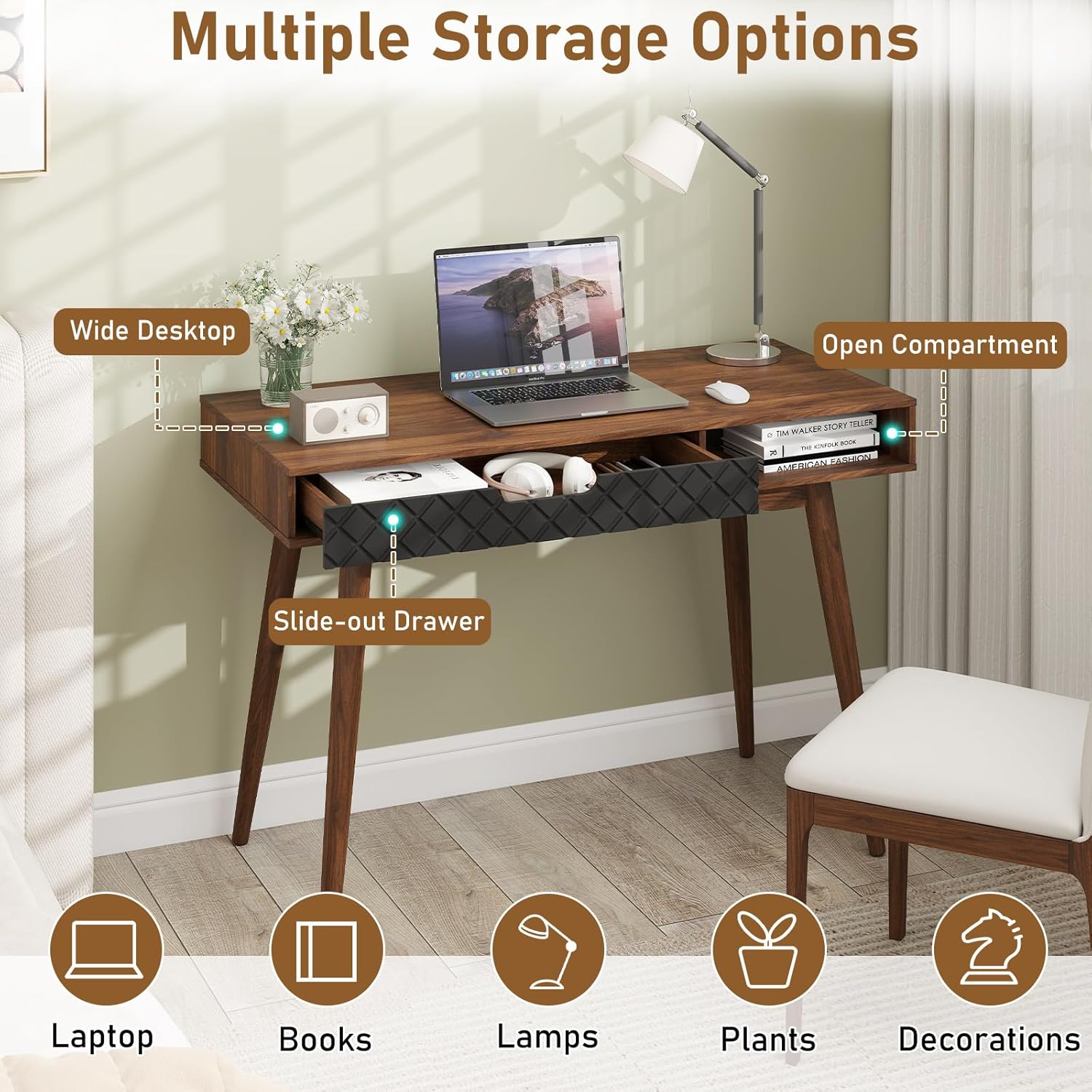 Tangkula Mid-Century Modern Computer Desk, Home Office Desk w/Drawer & Open Compartment, Laptop PC Desk w/Rubber Wood Legs, Makeup Vanity Table, Vintage Writing Desk Workstation for Study, Bedroom