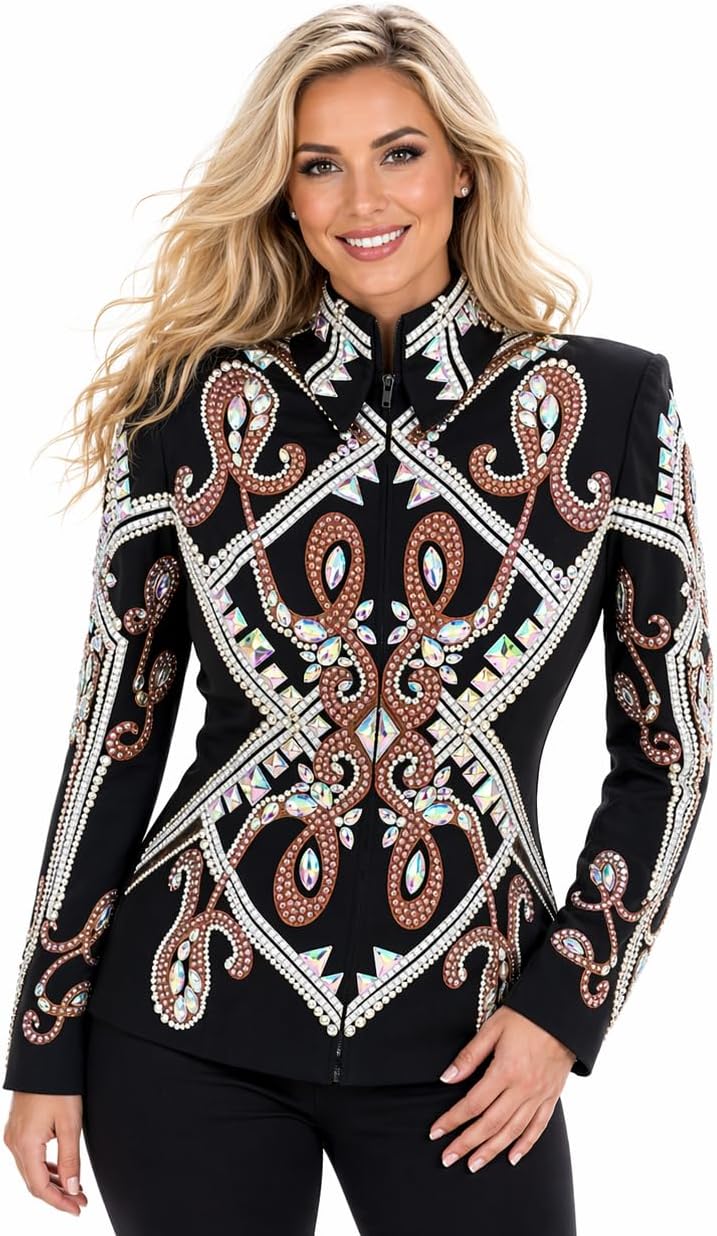Women’s Western Show Jacket Black – Equestrian Riding Coat with Paisley Crystal Design