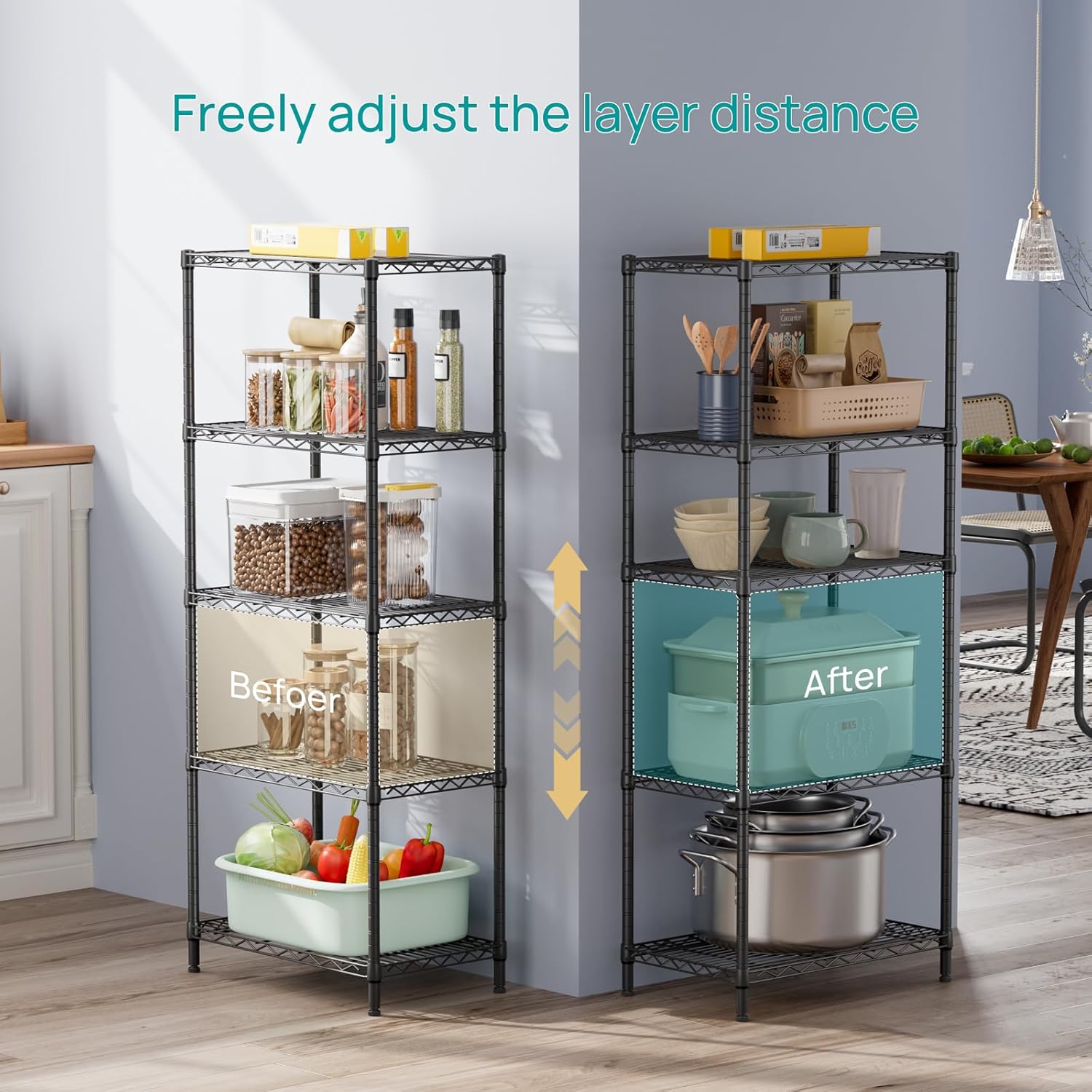 SINGAYE 5 Tier Storage Shelves Wire Shelving Unit Shelve Metal Kitchen Laundry Room Organization Home Pantry Closet Bathroom Organizers Garage Rack Estantes para Cocina 14" D x 24" W x 59.5" H Black - Image 3