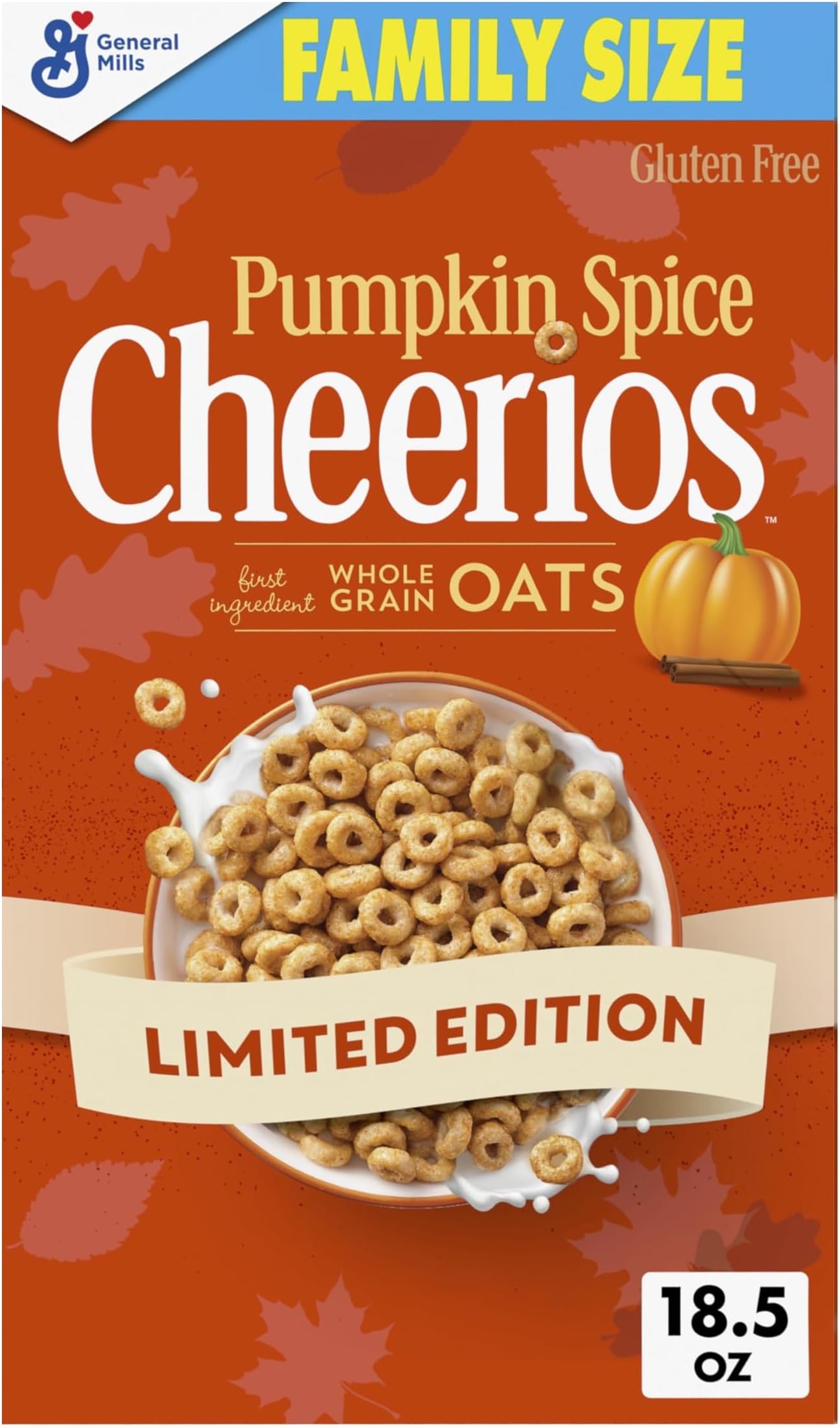 Cheerios Pumpkin Spice Breakfast Cereal, Gluten Free, Family Size, 18.5 oz