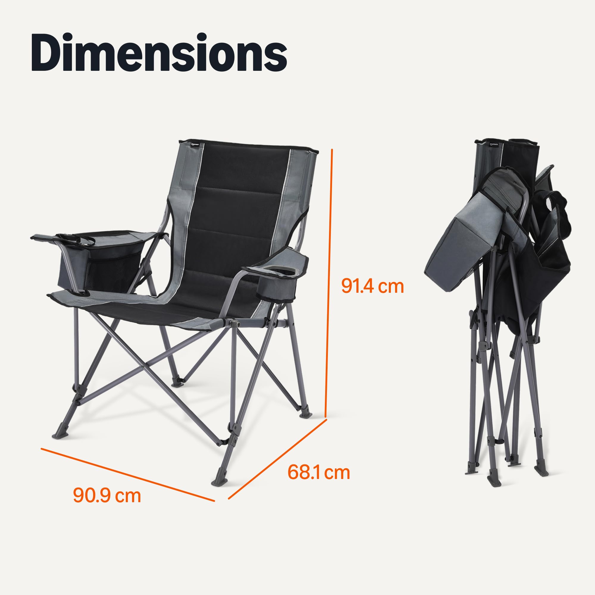 Chaise de camping surdimensionnée Amazon Basics, assise et dossier rembourrés, robuste, design pliable, noir et gris