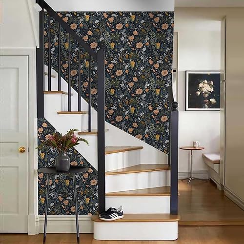 Miniatura 6 de Papel tapiz autoadhesivo de flores silvestres naranjas y blancas de 18 x 236 pulgadas en negro oscuro, papel de contacto extraíble para despegar y