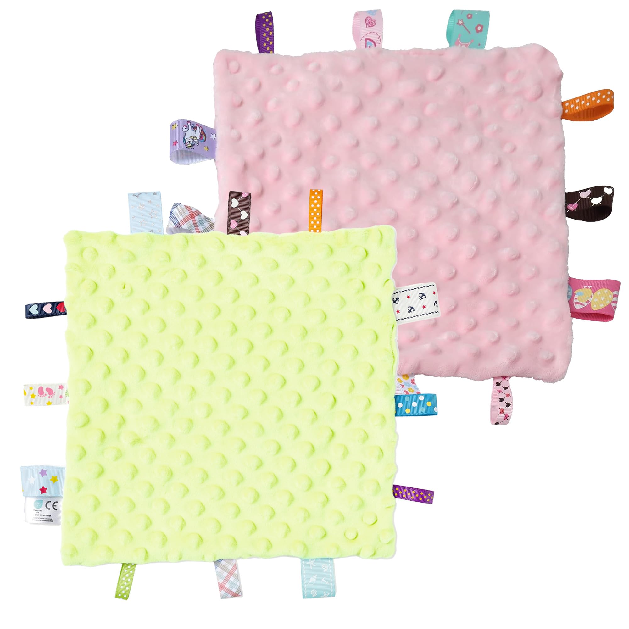 CREVENT Tag Security Blankets for Babies, Soft Small Loveys for Boys, Baby Comforter Sensory Blanket, Great Gifts for Birthday Baby Shower - 10"X10" Green + Pink