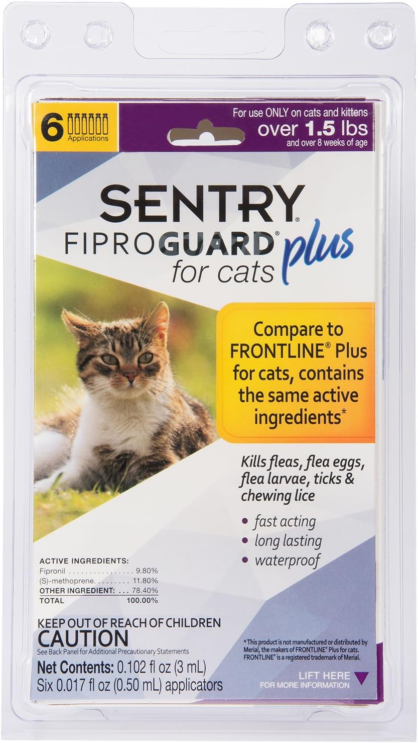 SENTRY Fiproguard Plus Flea and Tick Topical for Cats, 1.5 lbs and Over, 6 Month Supply