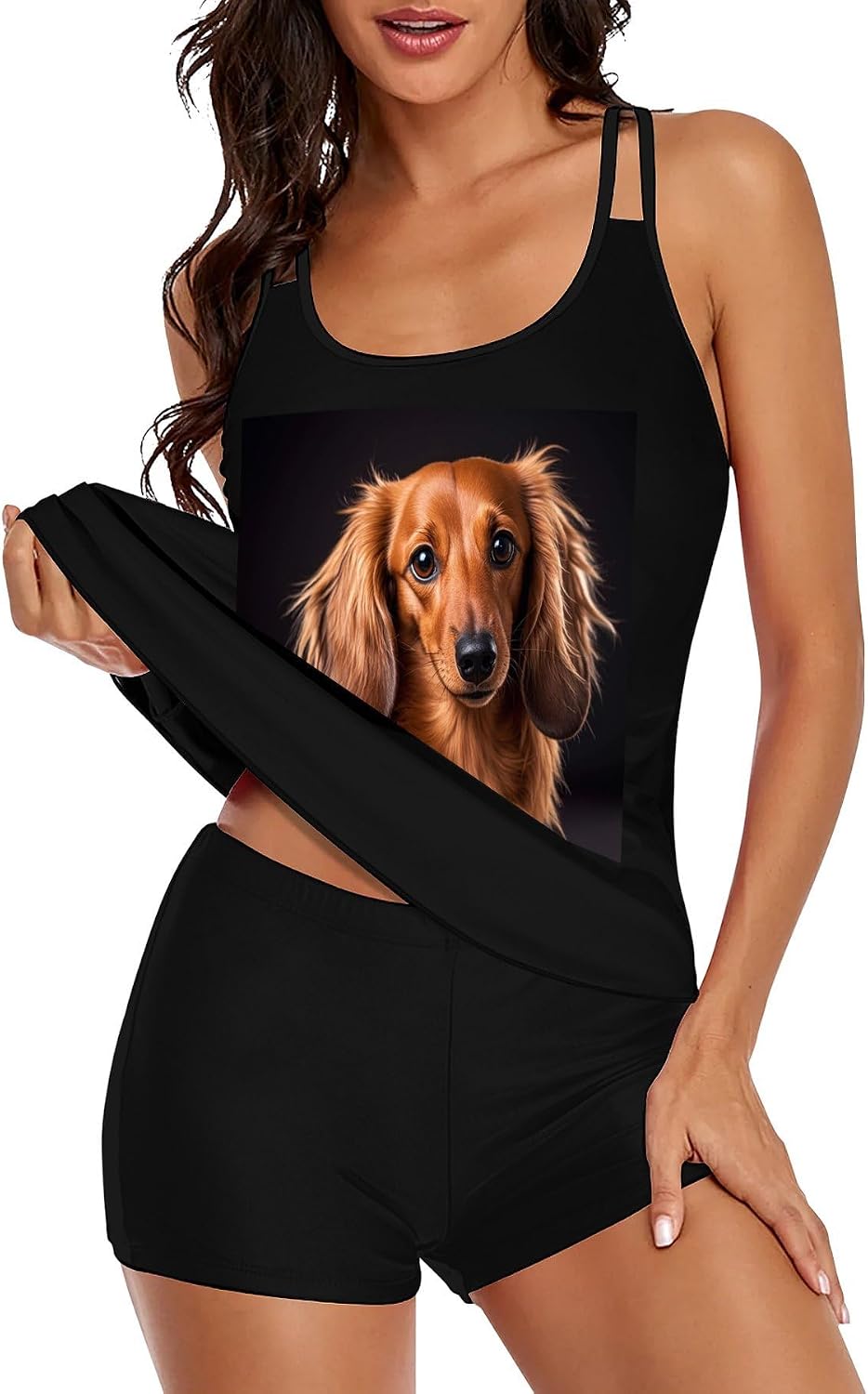 Long Haired Dachshund Tankini Swimsuits for Women Tummy Control Two Piece Bathing Suits Swim Tops with Boy Shorts