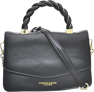 شنطة يد متوسطة من الجلد الصناعي بتصميم عصري مقسم إلى جزأين الداخل مع حزام طويل وسوستة للنساء - أسود وذهبي