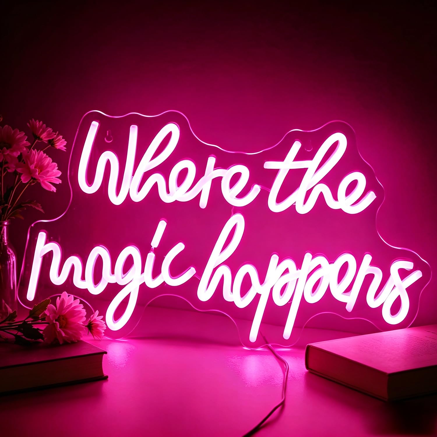 Where the Magic Happens Neon Sign LED Neon Lights for Wall Decor USB Powered Light Up Sign for Family Holiday Vacation Girls Bedroom Decor Wedding Birthday Party Bar Man Cave 17”X10.2”